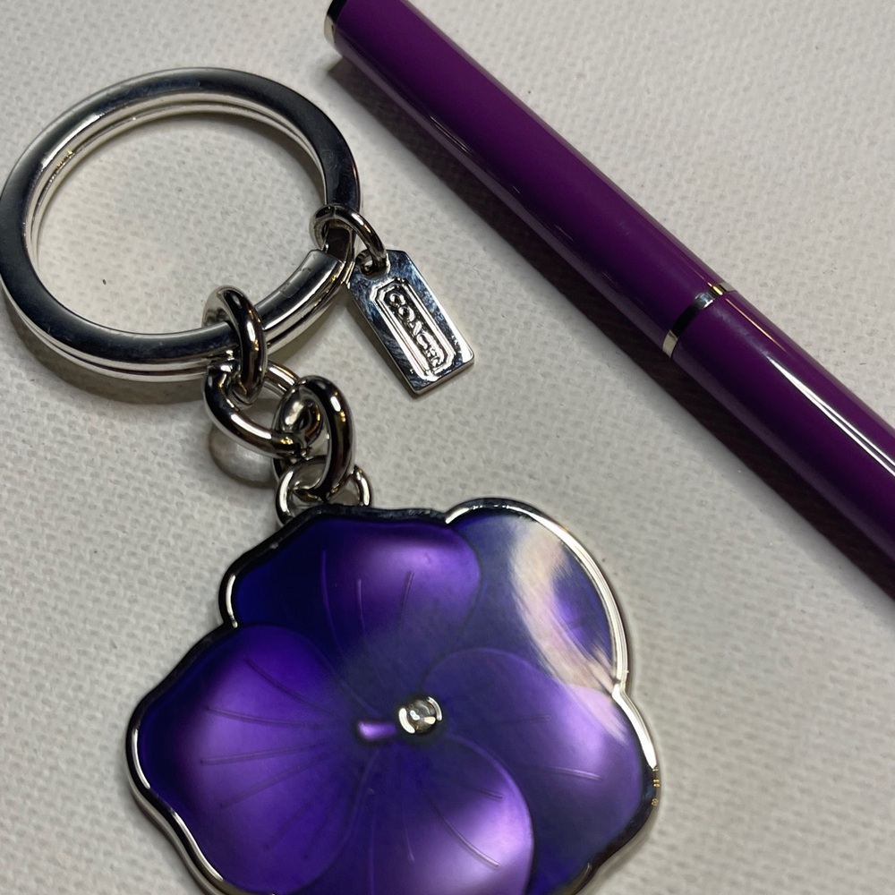 Coach Purple Tea Rose Flower Keychain and Coach Pen Set - Picture 2 of 5